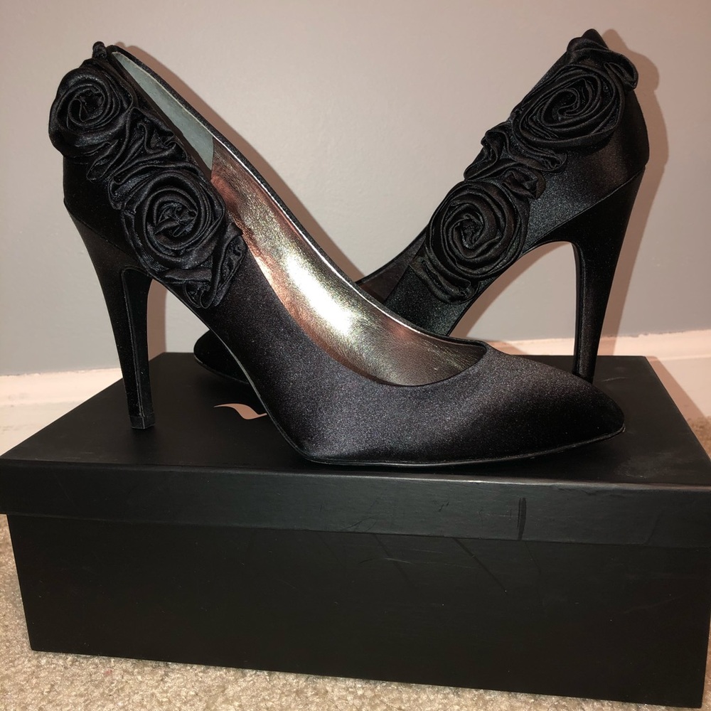 Nina Black Satin Heels with Rose Detail